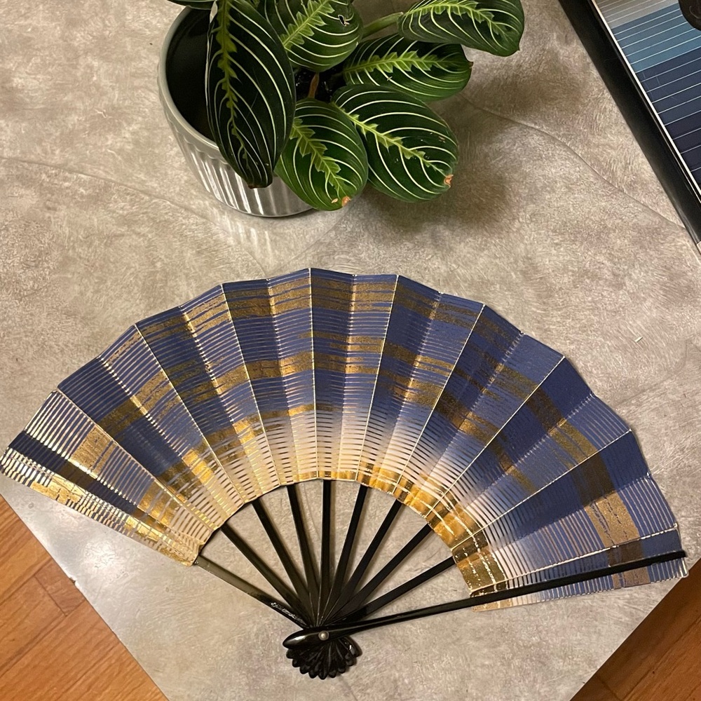 Vintage Odori Fan Sensu art deco folding Blue Gold metallic Japanese
